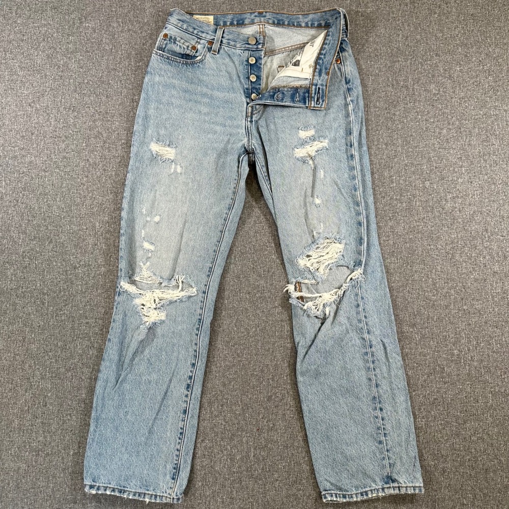 Levis 501 Original Fit Distressed Jeans Light Wash Blue Denim W27 L30 Womens